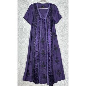 Vtg Embroidered Maxi Dress M/L Purple Split Front Hippie Witch Goth Renaissance